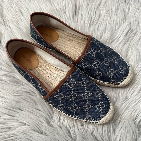 GUCCI Denim GG Monogram Espadrilles Blue Tea Cuir 9.5 - Picture 1 of 10